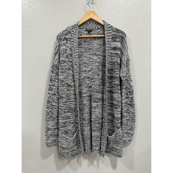 Express Womens Open Front Cardigan Sweater Knit Long Sleeve Gray White Size L - Picture 1 of 7